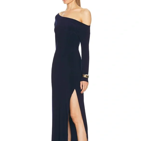 Norma Kamali Dress- Long Sleeve Drop Shoulder Side Slit Gown - True Navy-Large - Picture 3 of 14